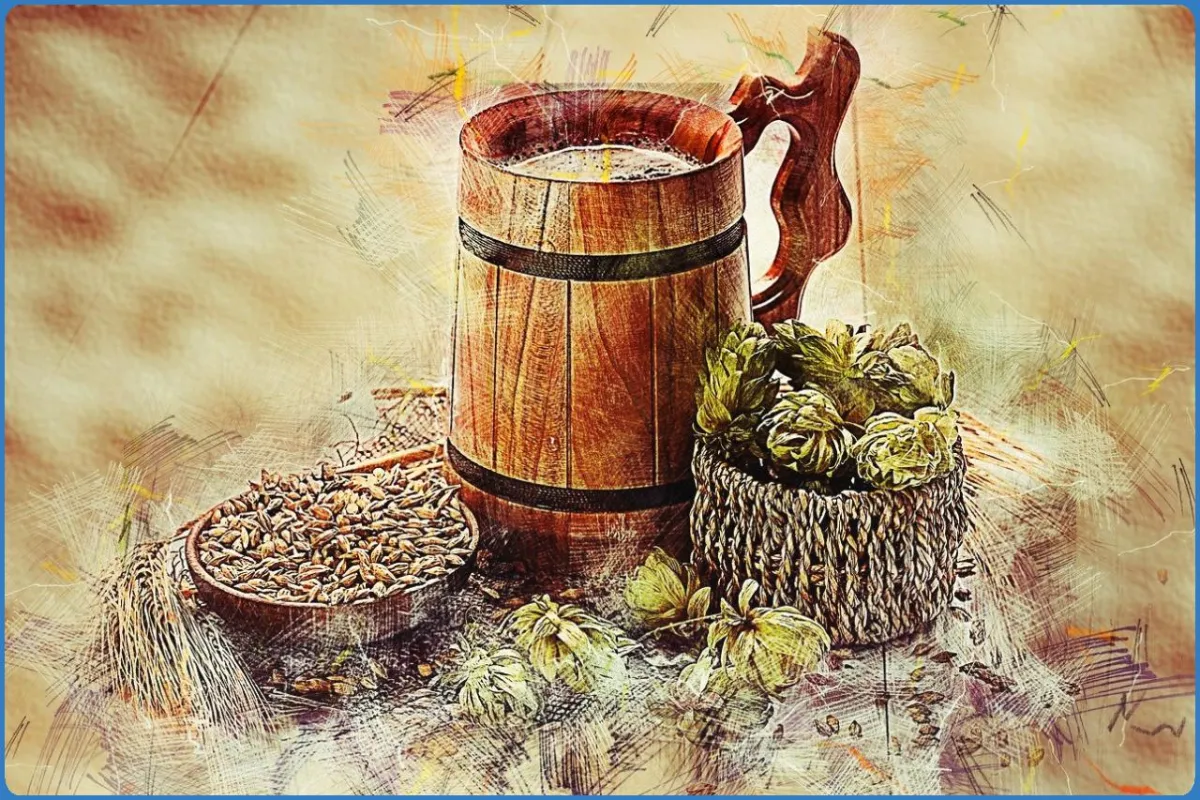 Wooden mug with hops and grains
