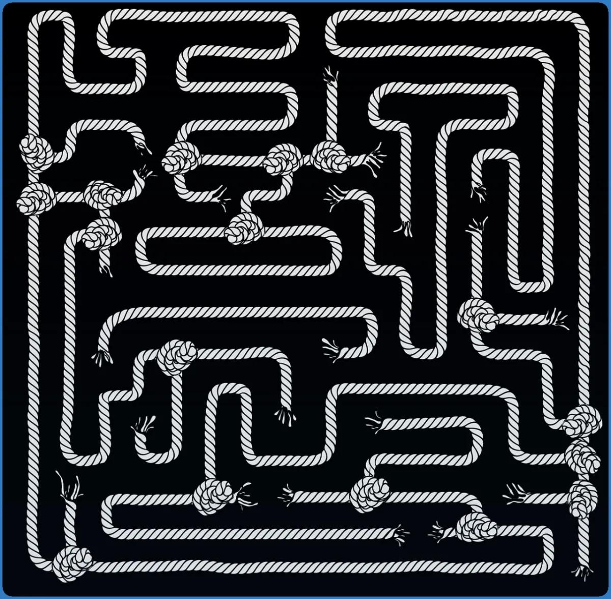 Intricate rope maze with knots on a dark background