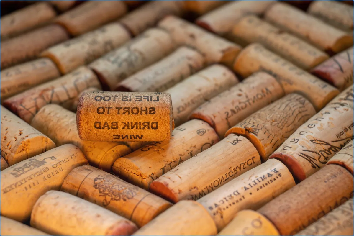 Wine corks with text 'Life is too short to drink bad wine'.