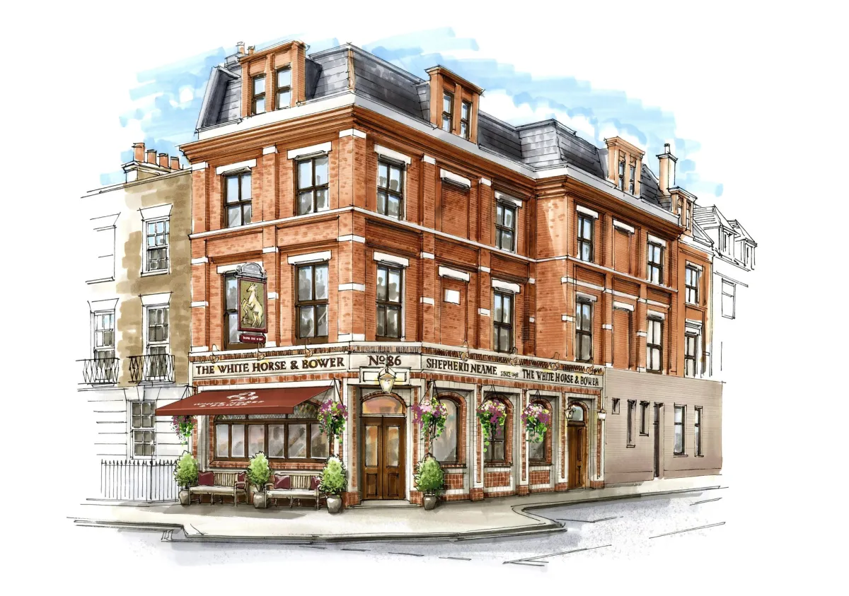 Illustration of a brick building with pub signage.
